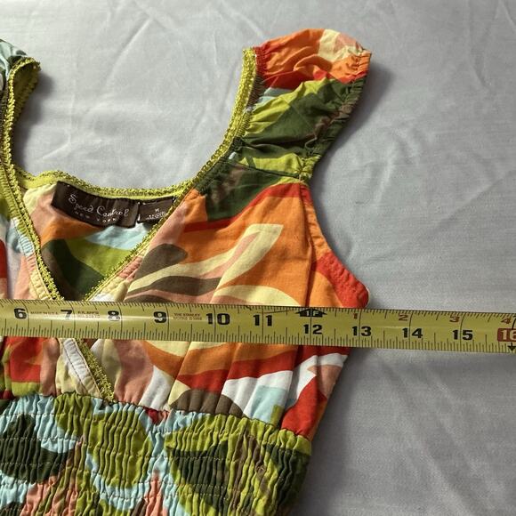 Tropical Floral Milkmaid Dress Sz Medium Smocked Waist Babydoll Retro vibes - Picture 3 of 8